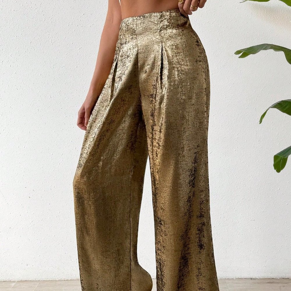 Gold Preppy Women's Loose Pleated Wide Leg Pants With Gloss Finish - Picture 5 of 5